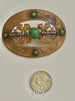 Victorian Art Nouveau Peking Green Art Glass & Rhinestone Sash Belt Pin Brooch