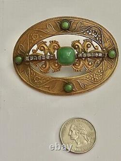 Victorian Art Nouveau Peking Green Art Glass & Rhinestone Sash Belt Pin Brooch