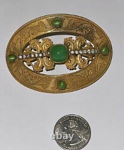 Victorian Art Nouveau Peking Green Art Glass & Rhinestone Sash Belt Pin Brooch