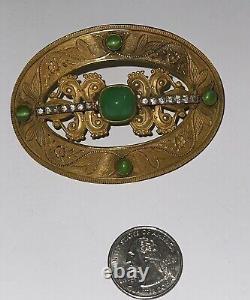 Victorian Art Nouveau Peking Green Art Glass & Rhinestone Sash Belt Pin Brooch