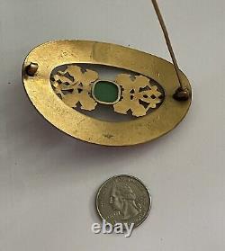 Victorian Art Nouveau Peking Green Art Glass & Rhinestone Sash Belt Pin Brooch