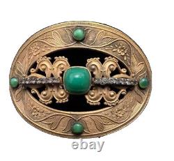 Victorian Art Nouveau Peking Green Art Glass & Rhinestone Sash Belt Pin Brooch