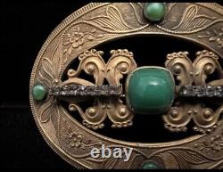 Victorian Art Nouveau Peking Green Art Glass & Rhinestone Sash Belt Pin Brooch