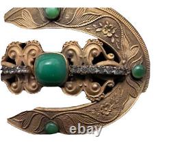 Victorian Art Nouveau Peking Green Art Glass & Rhinestone Sash Belt Pin Brooch