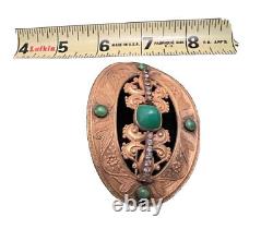 Victorian Art Nouveau Peking Green Art Glass & Rhinestone Sash Belt Pin Brooch