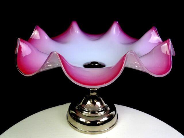 Victorian Art Nouveau Pink Glass Antique 10 5/8 Silver Plate Brides Bowl 1880