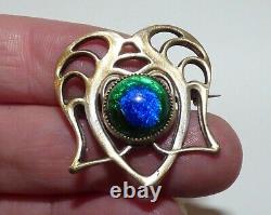 Victorian Arts & Crafts Peacock Foil Glass Brooch Jugendstil Pierced Design Pin