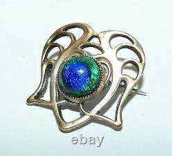 Victorian Arts & Crafts Peacock Foil Glass Brooch Jugendstil Pierced Design Pin