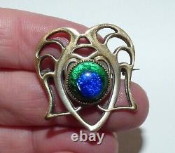 Victorian Arts & Crafts Peacock Foil Glass Brooch Jugendstil Pierced Design Pin