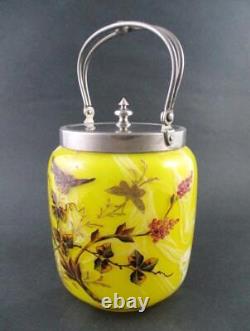 Victorian BISCUIT/cracker JAR Marbled YELLOW art glass BIRD & Butterflies