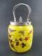 Victorian Biscuit/cracker Jar Marbled Yellow Art Glass Bird & Butterflies