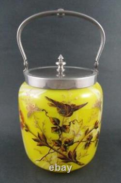 Victorian BISCUIT/cracker JAR Marbled YELLOW art glass BIRD & Butterflies