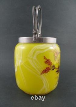 Victorian BISCUIT/cracker JAR Marbled YELLOW art glass BIRD & Butterflies