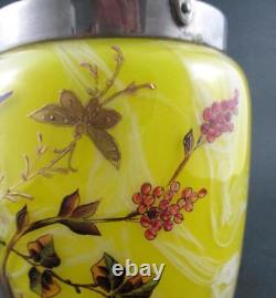 Victorian BISCUIT/cracker JAR Marbled YELLOW art glass BIRD & Butterflies