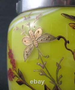 Victorian BISCUIT/cracker JAR Marbled YELLOW art glass BIRD & Butterflies