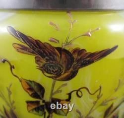 Victorian BISCUIT/cracker JAR Marbled YELLOW art glass BIRD & Butterflies