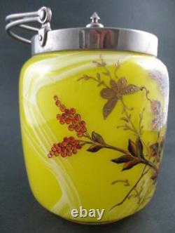 Victorian BISCUIT/cracker JAR Marbled YELLOW art glass BIRD & Butterflies