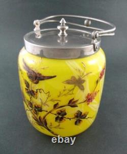 Victorian BISCUIT/cracker JAR Marbled YELLOW art glass BIRD & Butterflies