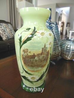 Victorian BRISTOL Glass PICTORIAL PORTRAIT Handpainted Enameled VASE 12.5 Tall