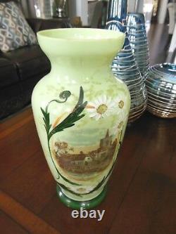 Victorian BRISTOL Glass PICTORIAL PORTRAIT Handpainted Enameled VASE 12.5 Tall