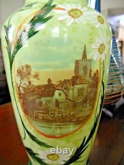 Victorian BRISTOL Glass PICTORIAL PORTRAIT Handpainted Enameled VASE 12.5 Tall