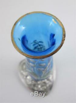 Victorian BUD VASE Repousse HEART base BLUE art glass MERIDEN B Quadruple Silver