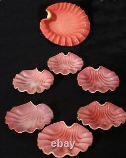 Victorian Beautiful Pink White Lined Art Glass 7 PC Shell Shaped Berry Set