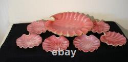 Victorian Beautiful Pink White Lined Art Glass 7 PC Shell Shaped Berry Set