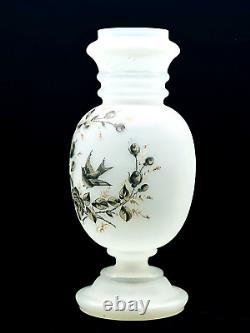 Victorian Blown Glass Vase Clam-broth Hand Painted Flying Bird Foliated Leaf