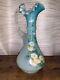 Victorian Blue Art Glass Crimped Top Ewer Vase Twisted Satin Glass