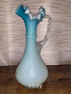 Victorian Blue Art Glass Crimped Top Ewer Vase Twisted Satin Glass