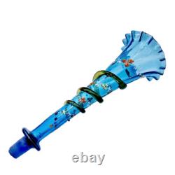 Victorian Blue Glass Epergne Trumpet Vase Enamelled Flowers Victorian Blue Glass Epergne Trumpet Vase Enamelled Flowers