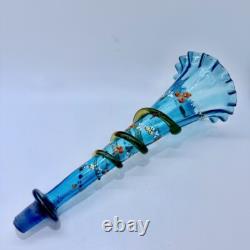 Victorian Blue Glass Epergne Trumpet Vase Enamelled Flowers Victorian Blue Glass Epergne Trumpet Vase Enamelled Flowers