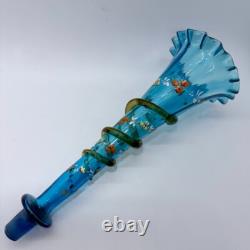Victorian Blue Glass Epergne Trumpet Vase Enamelled Flowers Victorian Blue Glass Epergne Trumpet Vase Enamelled Flowers