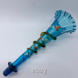 Victorian Blue Glass Epergne Trumpet Vase Enamelled Flowers Victorian Blue Glass Epergne Trumpet Vase Enamelled Flowers