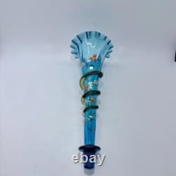 Victorian Blue Glass Epergne Trumpet Vase Enamelled Flowers Victorian Blue Glass Epergne Trumpet Vase Enamelled Flowers