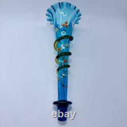 Victorian Blue Glass Epergne Trumpet Vase Enamelled Flowers Victorian Blue Glass Epergne Trumpet Vase Enamelled Flowers