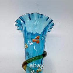 Victorian Blue Glass Epergne Trumpet Vase Enamelled Flowers Victorian Blue Glass Epergne Trumpet Vase Enamelled Flowers