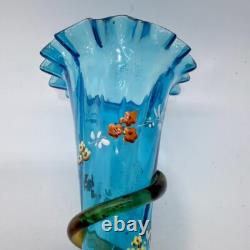 Victorian Blue Glass Epergne Trumpet Vase Enamelled Flowers Victorian Blue Glass Epergne Trumpet Vase Enamelled Flowers