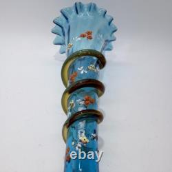 Victorian Blue Glass Epergne Trumpet Vase Enamelled Flowers Victorian Blue Glass Epergne Trumpet Vase Enamelled Flowers