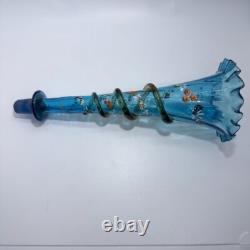 Victorian Blue Glass Epergne Trumpet Vase Enamelled Flowers Victorian Blue Glass Epergne Trumpet Vase Enamelled Flowers