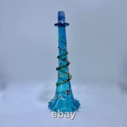 Victorian Blue Glass Epergne Trumpet Vase Enamelled Flowers Victorian Blue Glass Epergne Trumpet Vase Enamelled Flowers