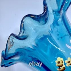 Victorian Blue Glass Epergne Trumpet Vase Enamelled Flowers Victorian Blue Glass Epergne Trumpet Vase Enamelled Flowers