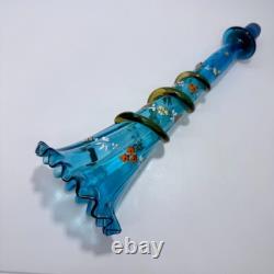 Victorian Blue Glass Epergne Trumpet Vase Enamelled Flowers Victorian Blue Glass Epergne Trumpet Vase Enamelled Flowers