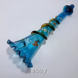 Victorian Blue Glass Epergne Trumpet Vase Enamelled Flowers Victorian Blue Glass Epergne Trumpet Vase Enamelled Flowers