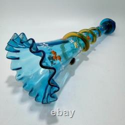 Victorian Blue Glass Epergne Trumpet Vase Enamelled Flowers Victorian Blue Glass Epergne Trumpet Vase Enamelled Flowers