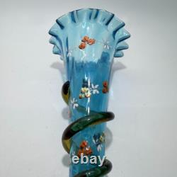 Victorian Blue Glass Epergne Trumpet Vase Enamelled Flowers Victorian Blue Glass Epergne Trumpet Vase Enamelled Flowers