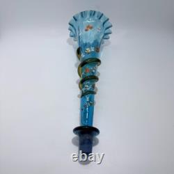 Victorian Blue Glass Epergne Trumpet Vase Enamelled Flowers Victorian Blue Glass Epergne Trumpet Vase Enamelled Flowers