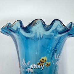 Victorian Blue Glass Epergne Trumpet Vase Enamelled Flowers Victorian Blue Glass Epergne Trumpet Vase Enamelled Flowers