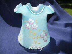 Victorian Blue Mother Of Pearl Raindrop Art Glass Vase Enamel Gold & Pink Posy